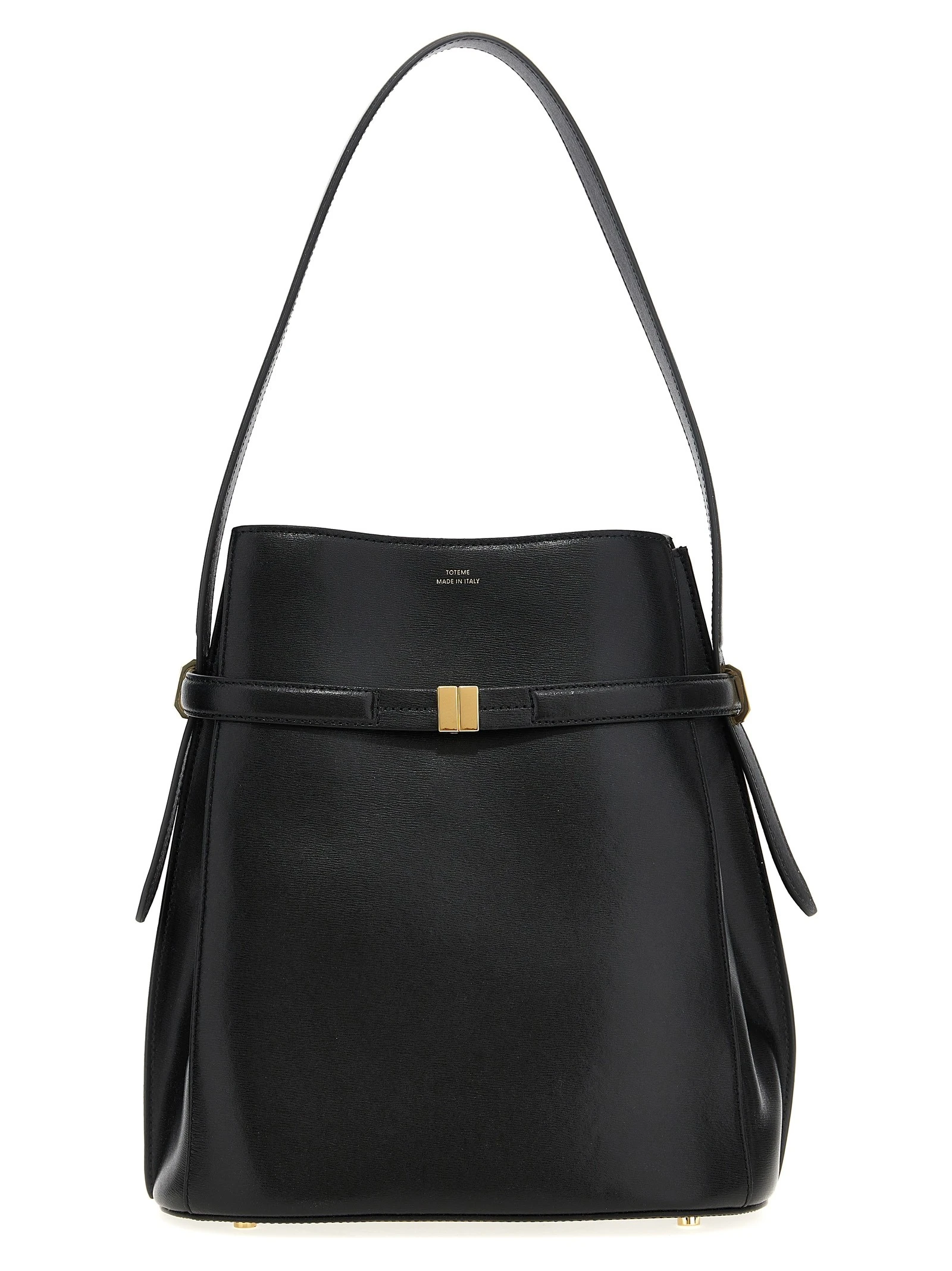 Belted leather bucket bag
