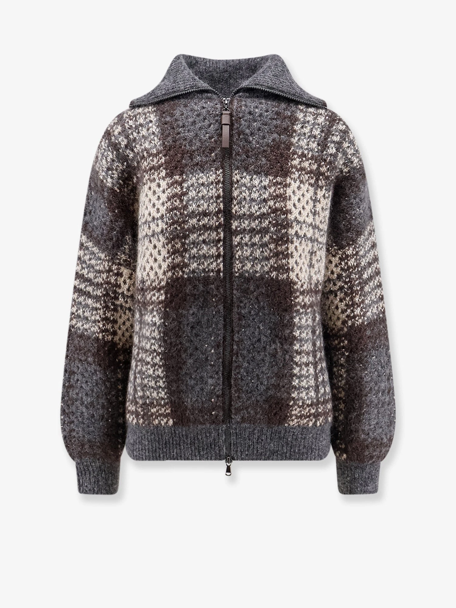 Cardigan with intarsia and micro-sequin embroidery