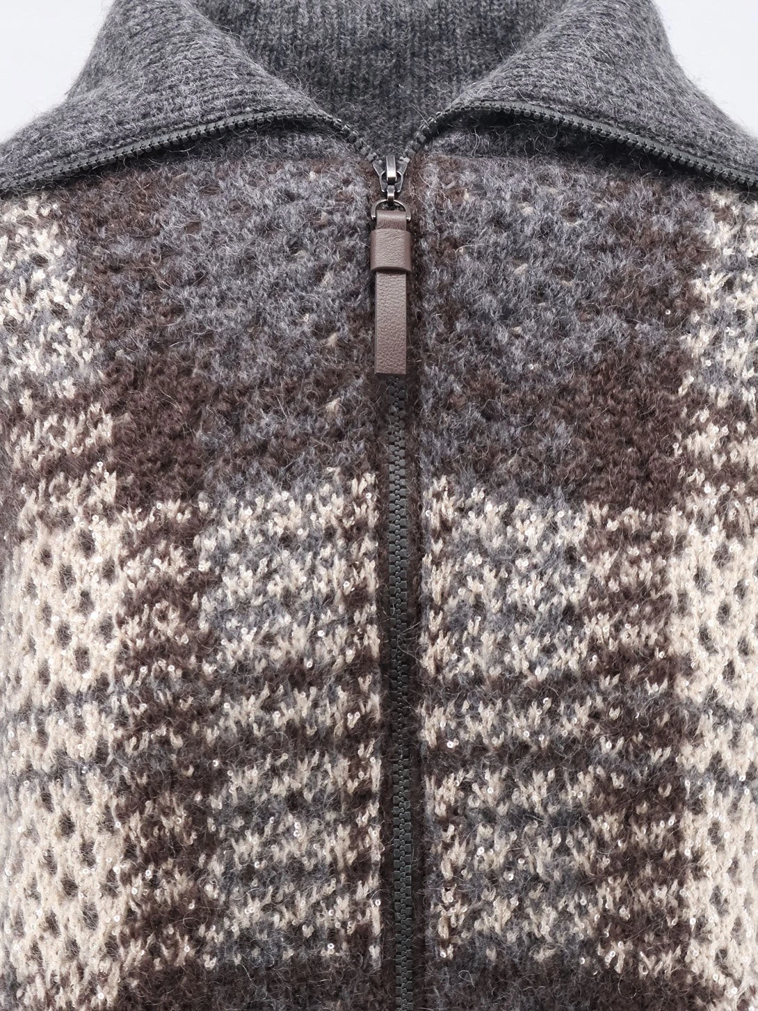 Cardigan with intarsia and micro-sequin embroidery