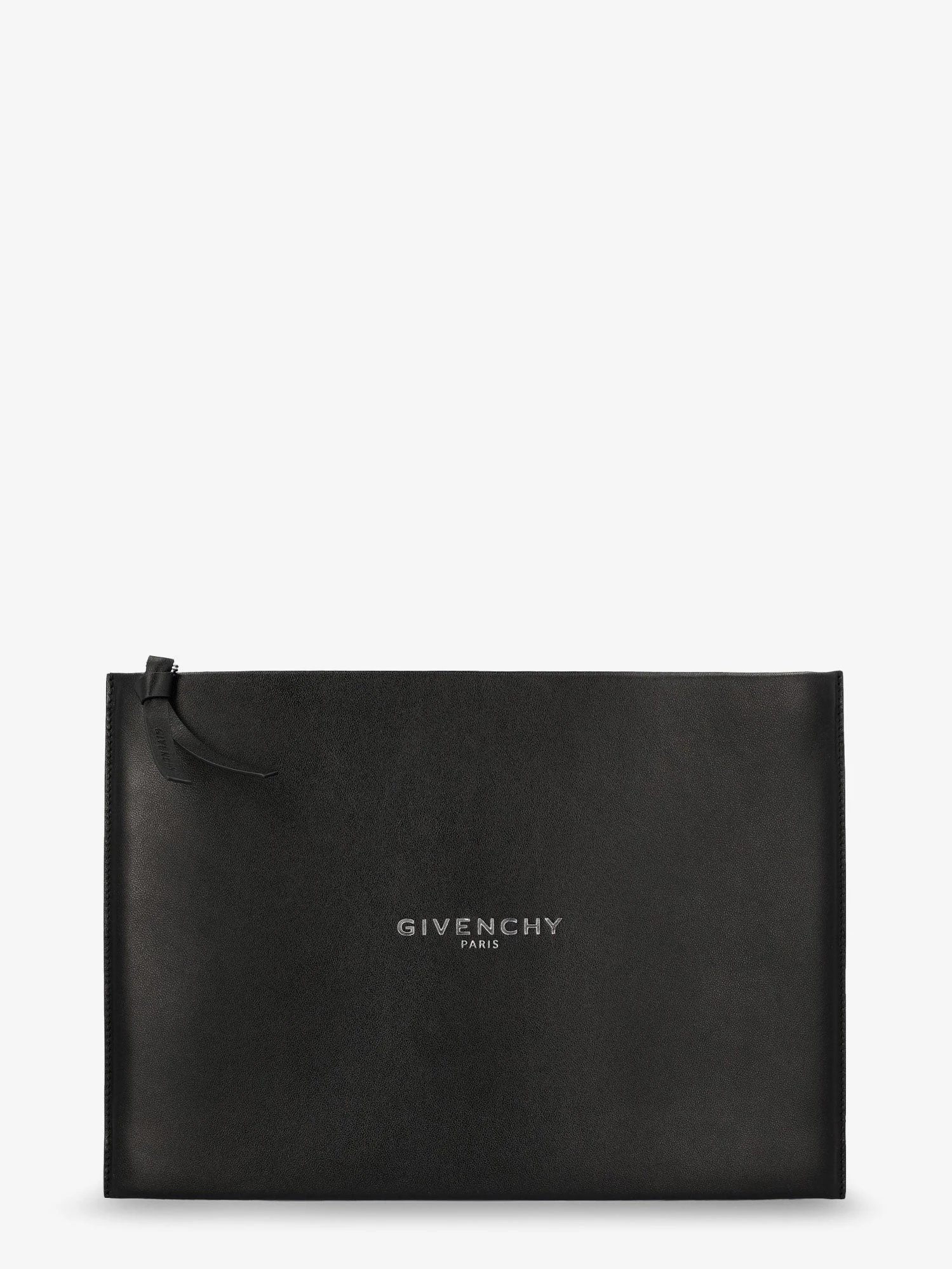 Leather clutch bag with lettering logo on the front.webp