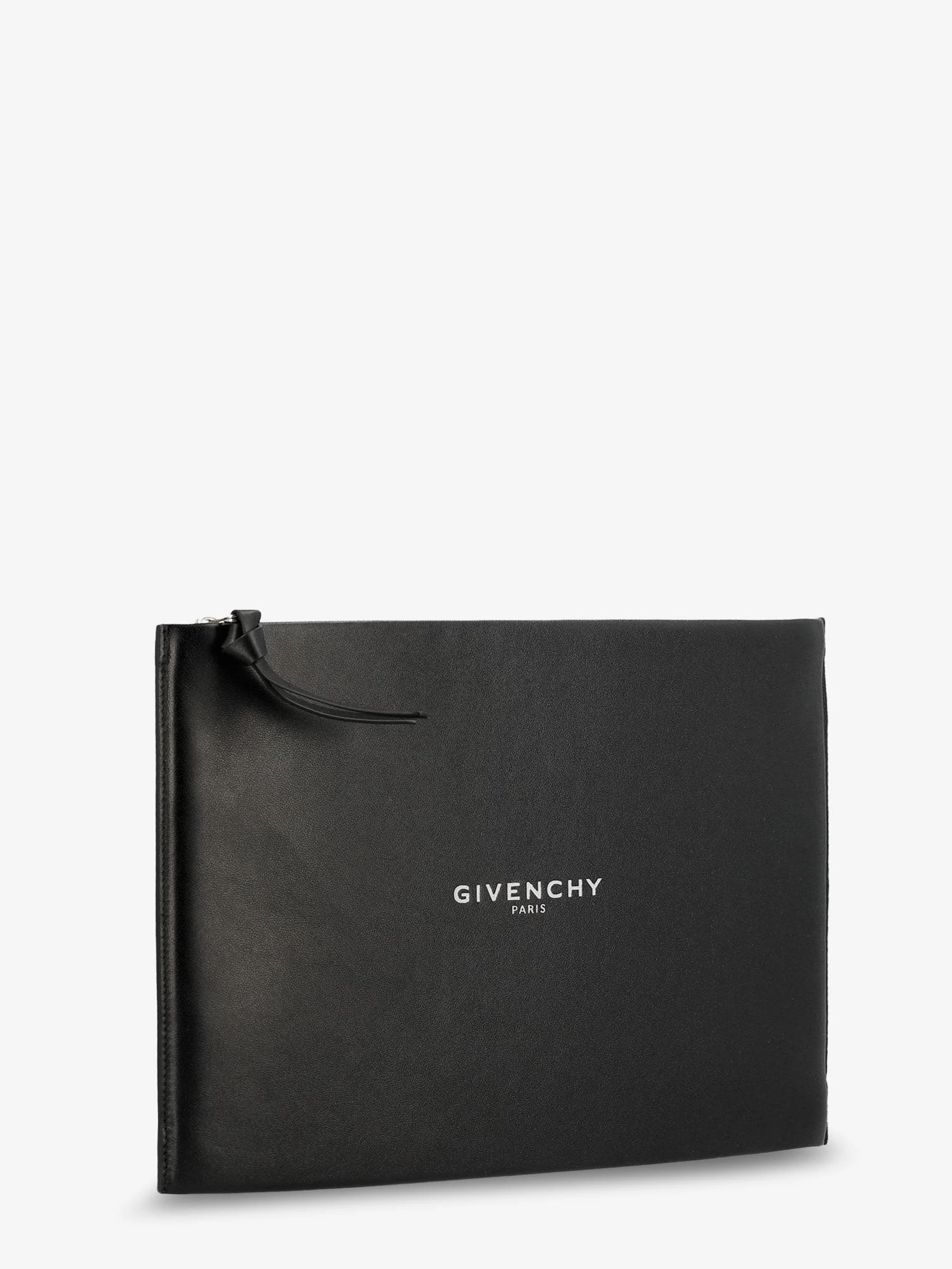 Leather clutch bag with lettering logo on the front.webp