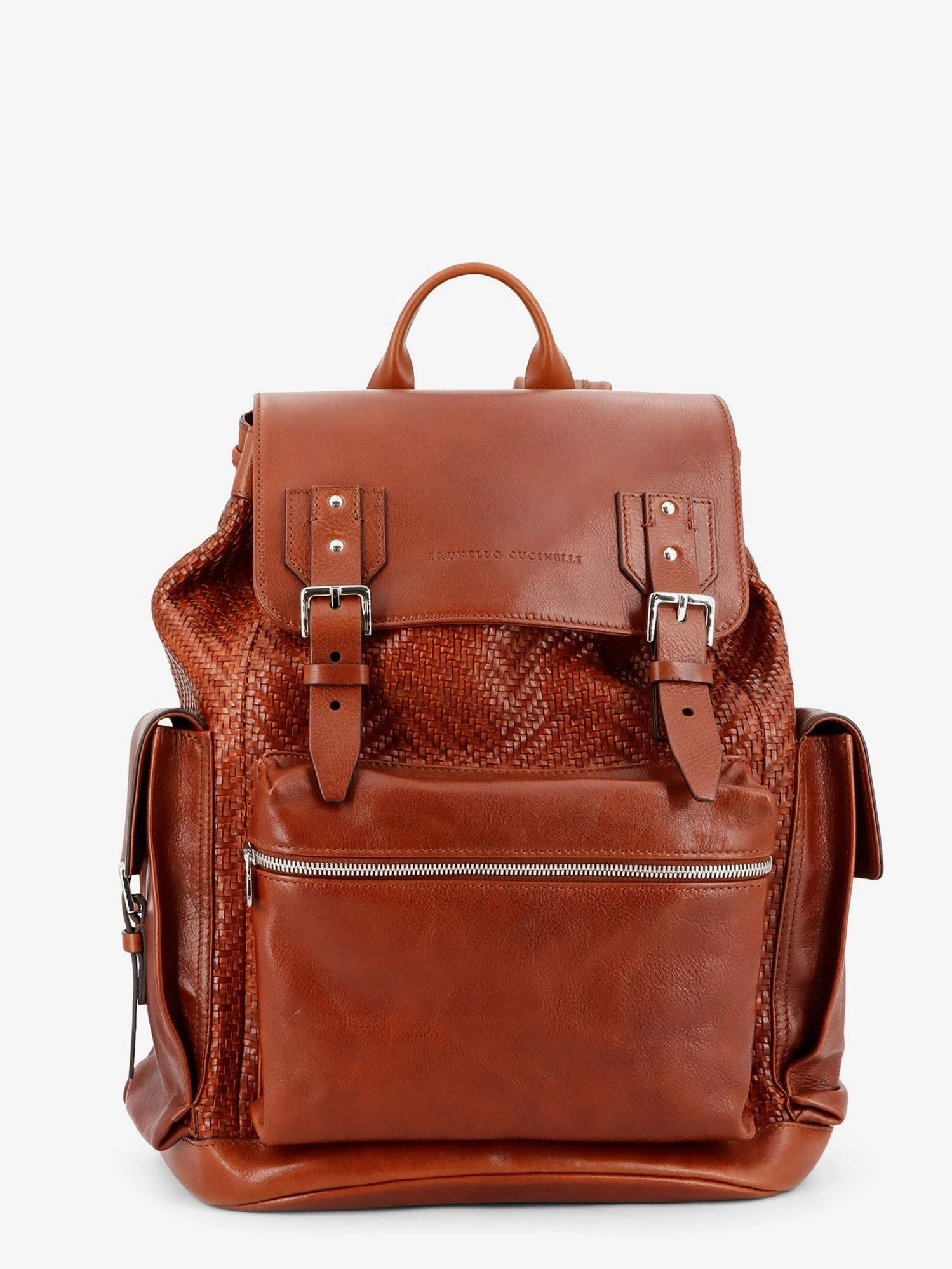City leather backpack with engraved lettering logo.webp