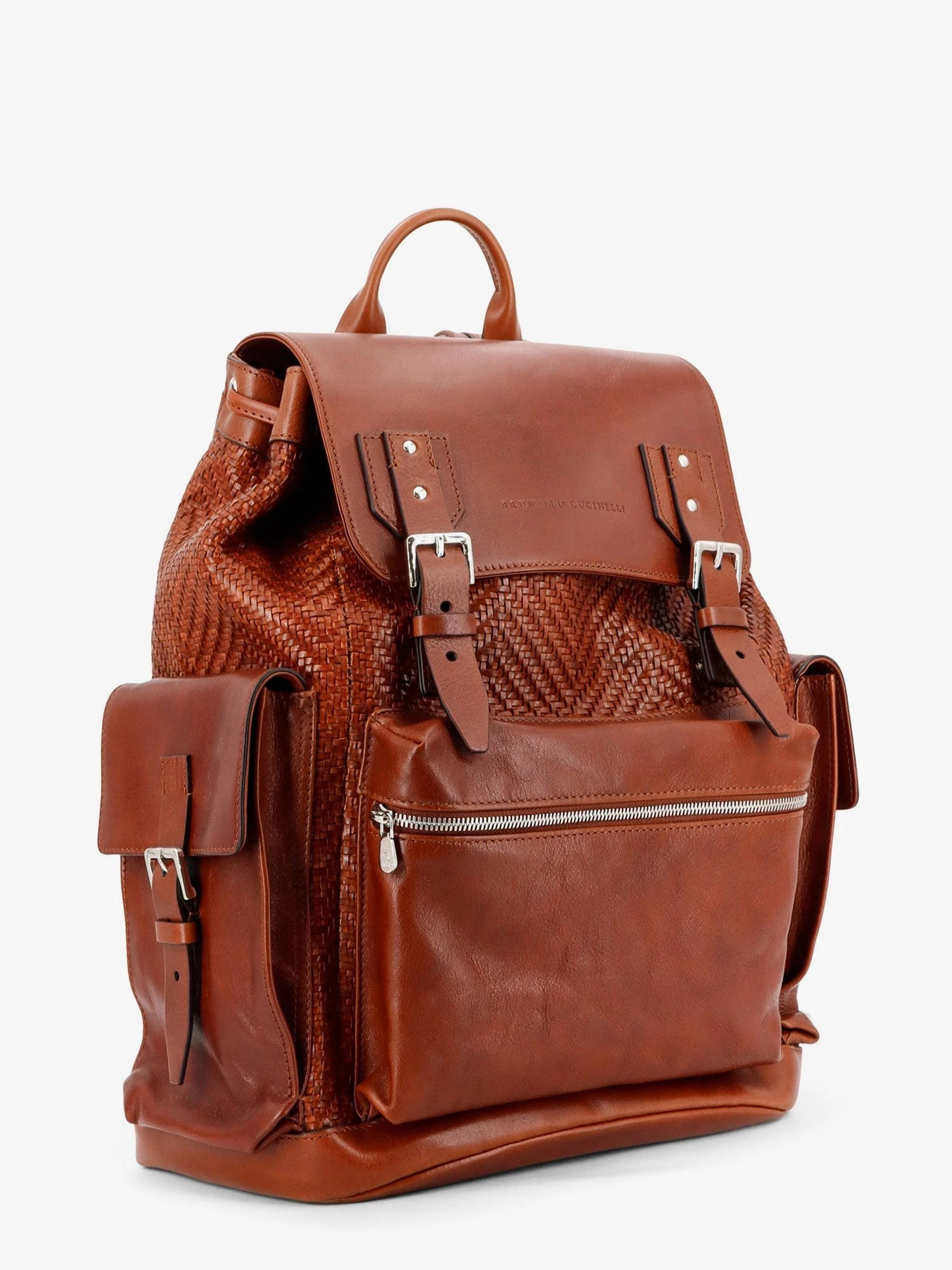 City leather backpack with engraved lettering logo.webp