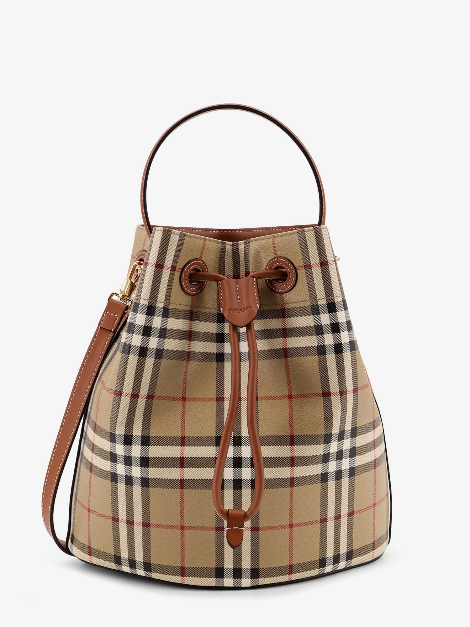 Coated canvas bucket bag with check pattern.webp