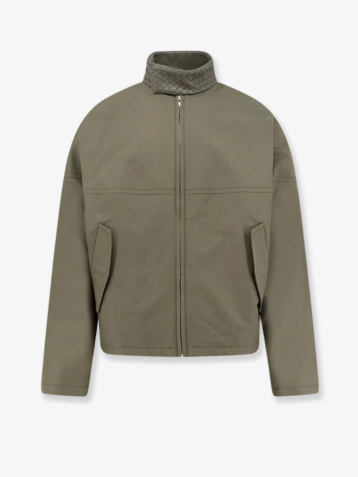 Cotton jacket with Intrecciato leather detail.webp