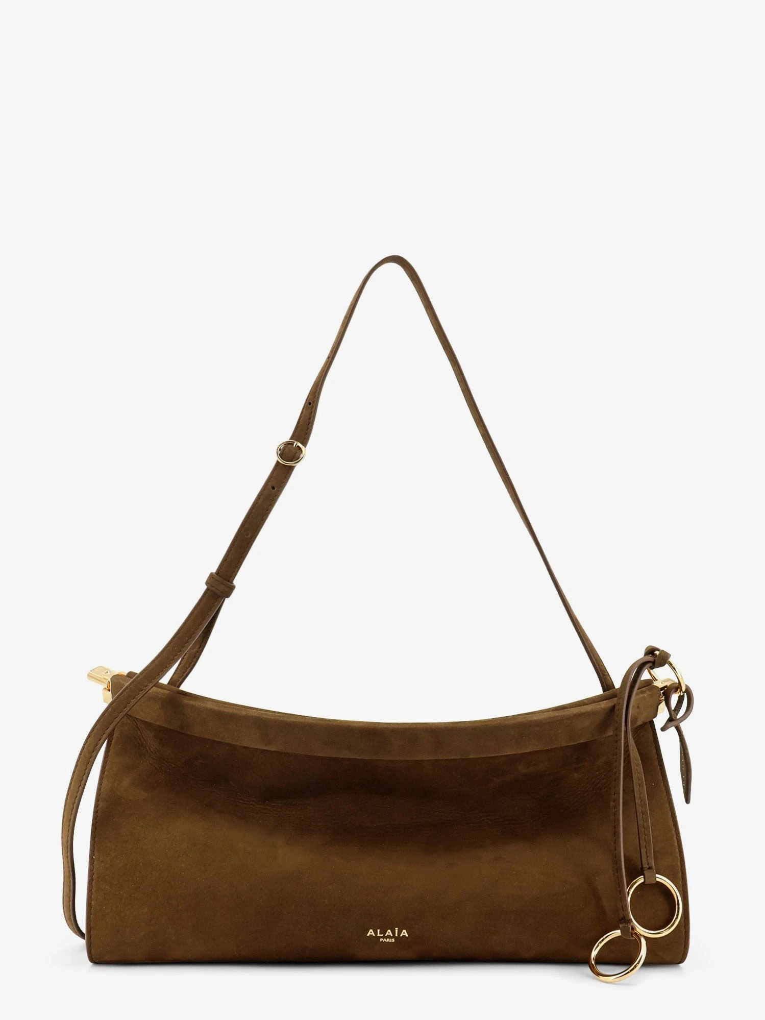 East West leather shoulder bag with engraved logo lettering.webp